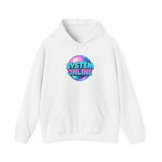 System Online Hoodie — Retro Neon Sphere Graphic Sweatshirt
