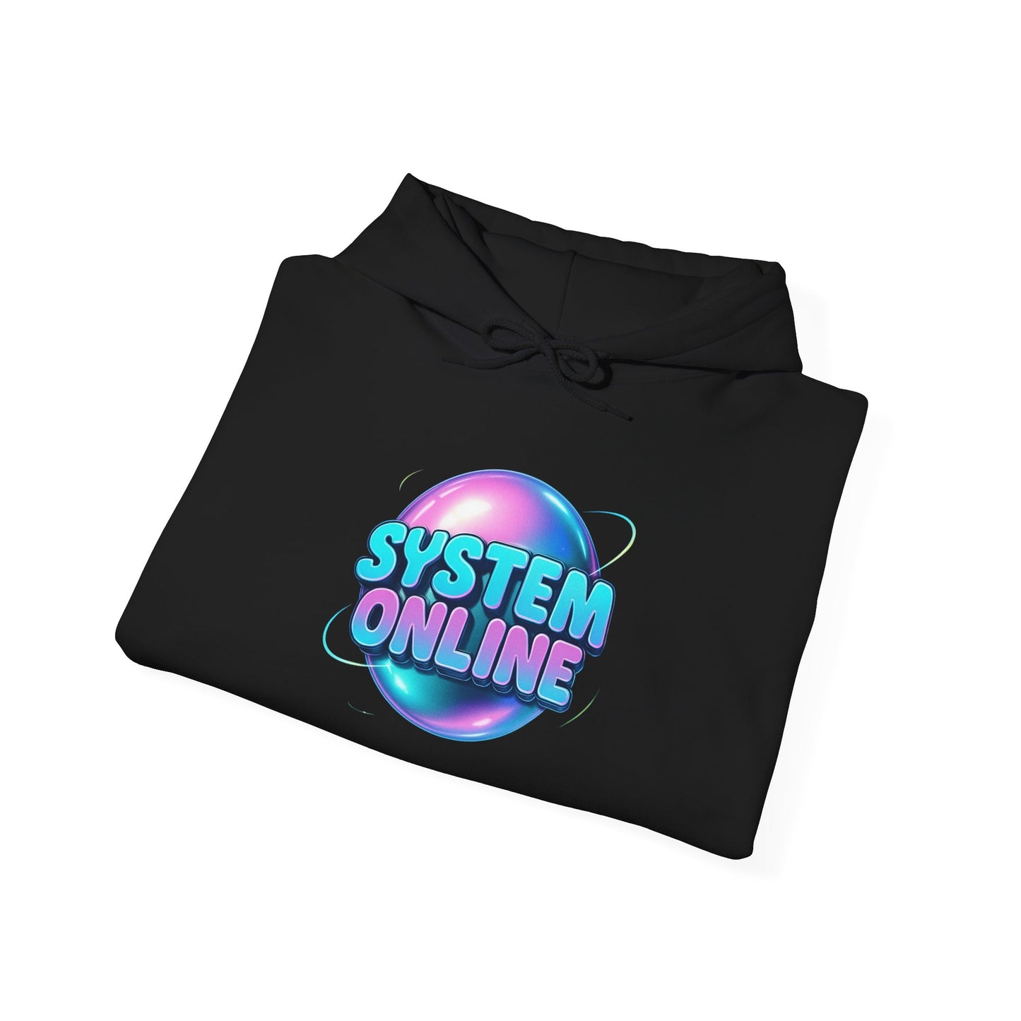 System Online Hoodie — Retro Neon Sphere Graphic Sweatshirt