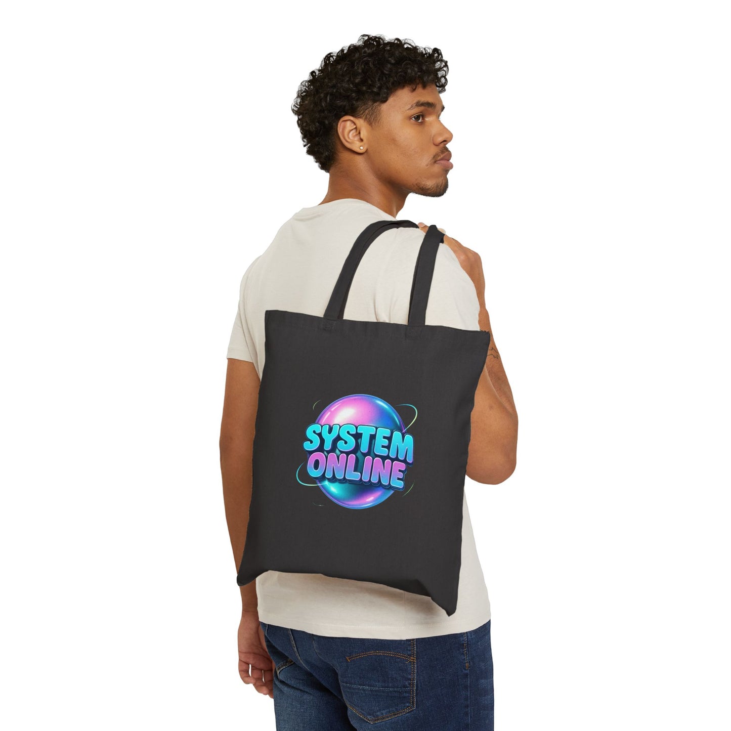 System Online Canvas Tote Bag — Retro Futuristic Graphic Eco Shopper