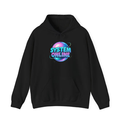 System Online Hoodie — Retro Neon Sphere Graphic Sweatshirt