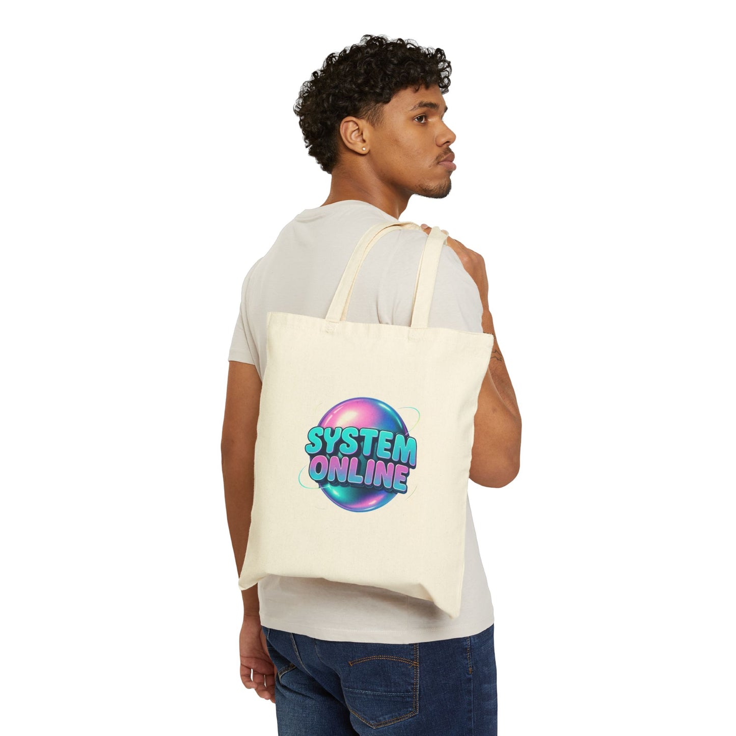 System Online Canvas Tote Bag — Retro Futuristic Graphic Eco Shopper